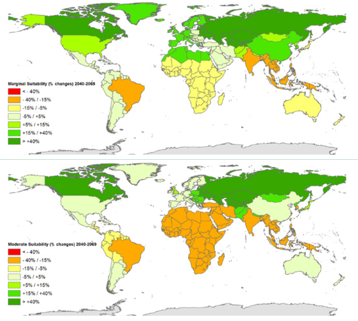 FIGURE 3.3. Maps of percent changes in land suitability classes (marginal-top; moderate-centre; high-bottom) across countries for 2040-2069 vs. 1980-2009. The values are averaged among scenarios SSP2-RCP2.6, SSP5- RCP2.6 and SSP5-RCP8.5 considering land availability restrictions (i.e. excluding - from land availability - urban, forest, protected and food agricultural lands). (Source: author's elaboration from Cronin et al. 2020)