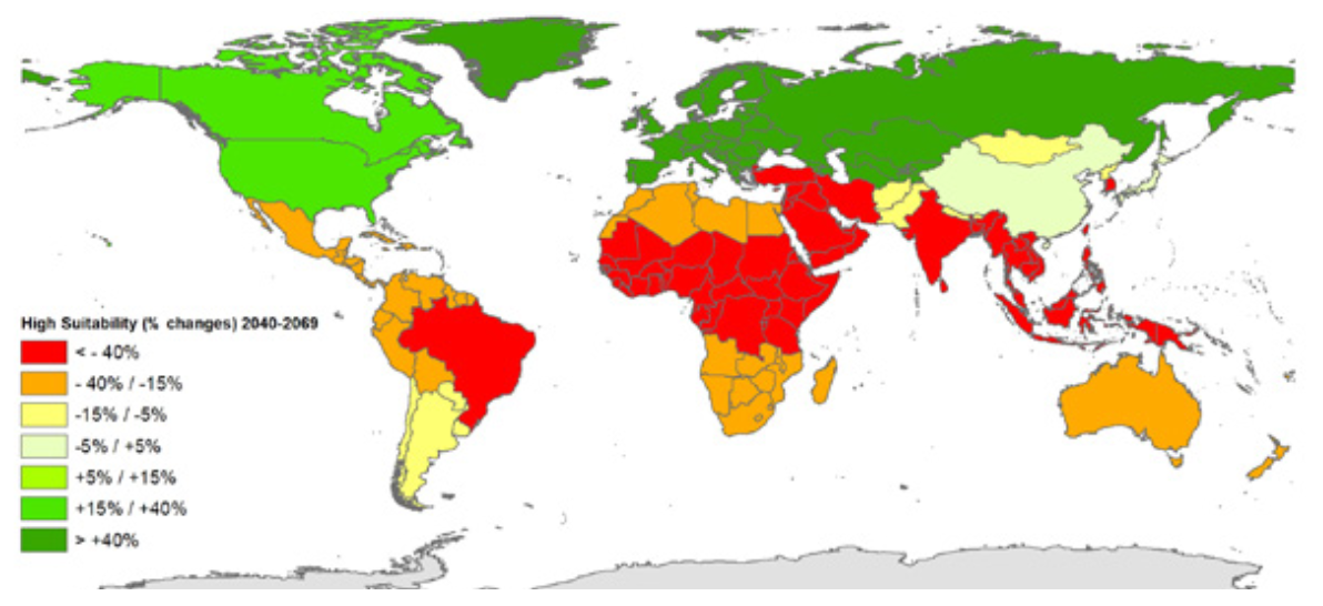 FIGURE 3.3. Maps of percent changes in land suitability classes (marginal-top; moderate-centre; high-bottom) across countries for 2040-2069 vs. 1980-2009. The values are averaged among scenarios SSP2-RCP2.6, SSP5- RCP2.6 and SSP5-RCP8.5 considering land availability restrictions (i.e. excluding - from land availability - urban, forest, protected and food agricultural lands). (Source: author's elaboration from Cronin et al. 2020)